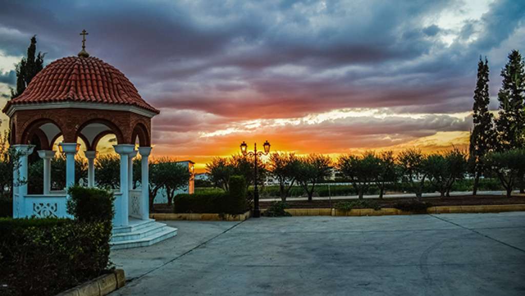 View to Chapel with sunset in the background